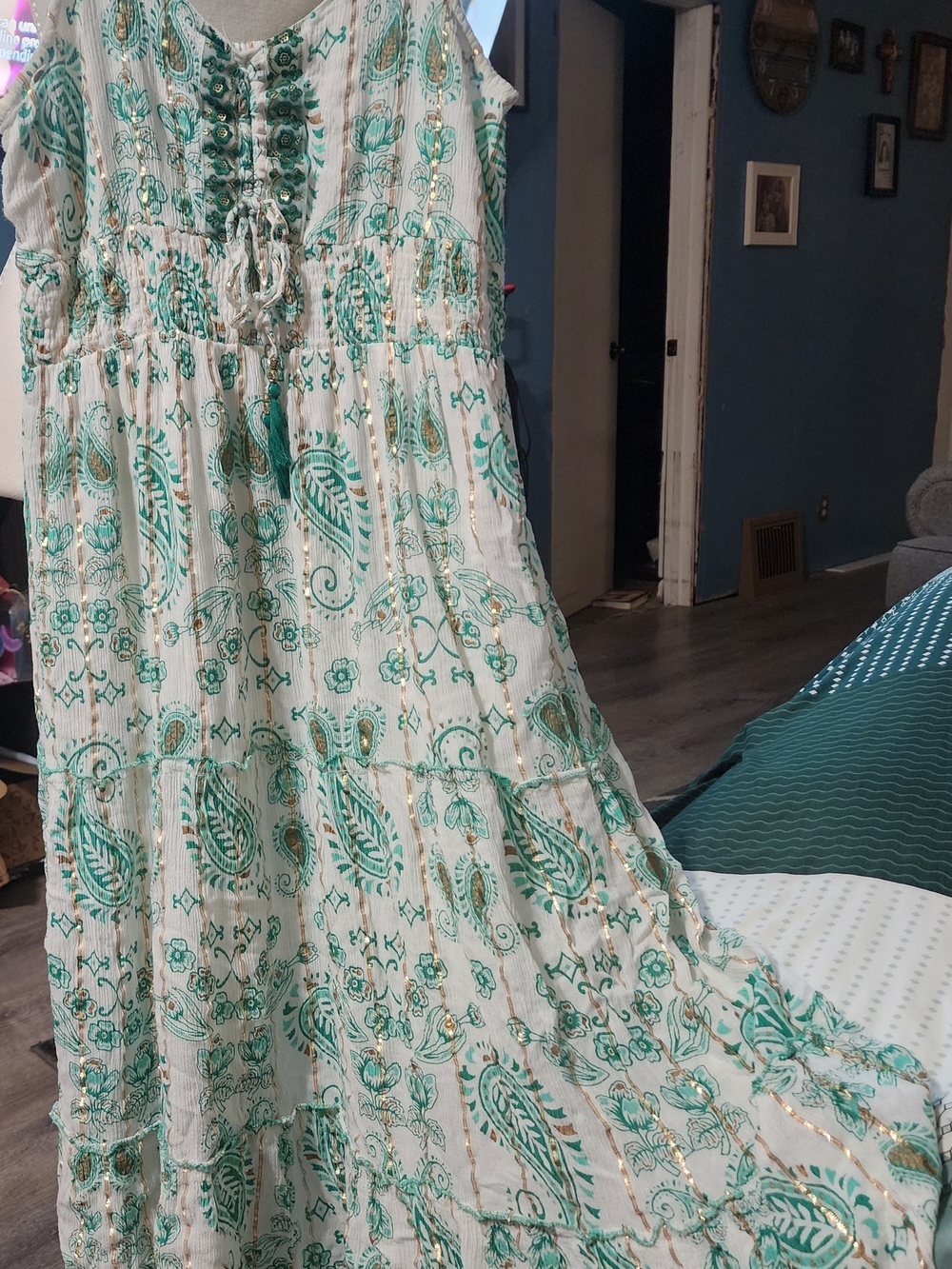 Boho White Maxi Dress with Teal Paisley Print and Gold Accents Sz 1X
